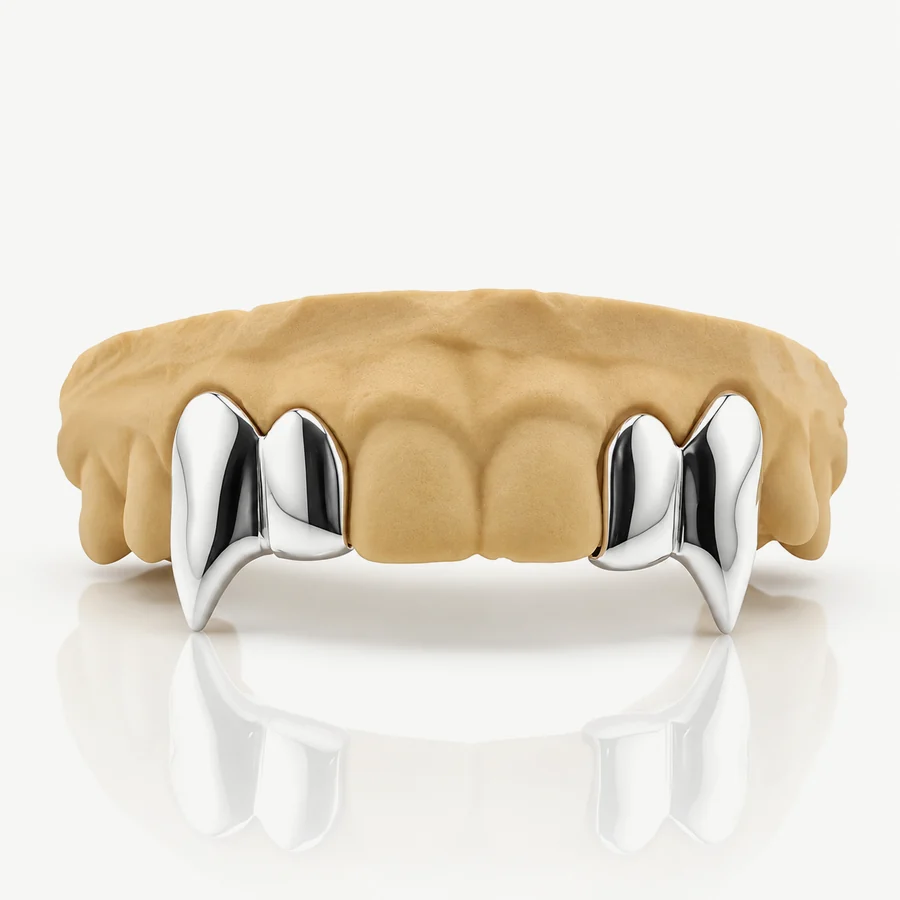 Bộ grillz 4 răng bạc 925, hai răng nanh dài và hai răng bọc kín, bạc đánh bóng